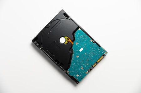 Disassembled interior of a hard drive, which is the computers storage device. Broken hard drive on...