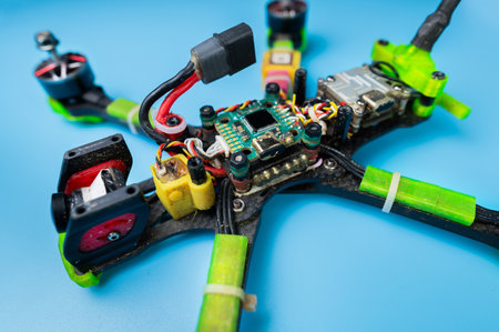 Disassembling a self-assembled FPV drone for repair. Quadcopter under repair. Removing the upper...