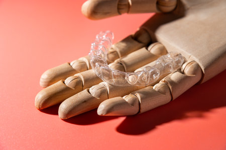Close-up of wooden elegant hand holding invisible clear aligners, on pastel pink background. Healthy...