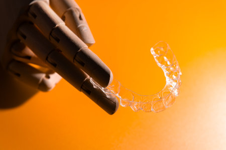 Close-up of wooden elegant hand holding invisible clear aligners, on orange background. Healthy lifestyle and teeth conceptの写真素材