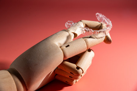 Teeth alignment trays on pink background in wooden fake hand. Modern teeth alignment, technology, billboard or website advertising layoutの写真素材