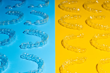 Invisible orthodontic cosmetic aligners on a colored background, aligners, plastic braces. Modern...