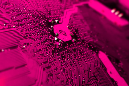Printed circuit board. Electronic computer equipment technology. Motherboard digital chip. Computer components. Bright backgroundの写真素材