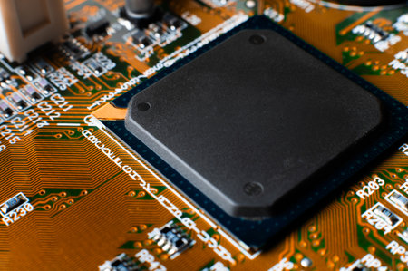 Electronic board close-up. Macro shot of a modern video card with a diagram