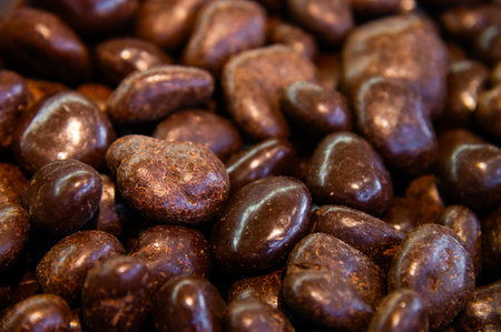 Nut balls covered with brown chocolate. Walnuts in chocolate glaze. Many top viewの写真素材