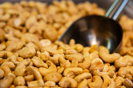 Metal scoop surrounded by raw cashew nuts. Close-up. Background for snacks and nutsの写真素材
