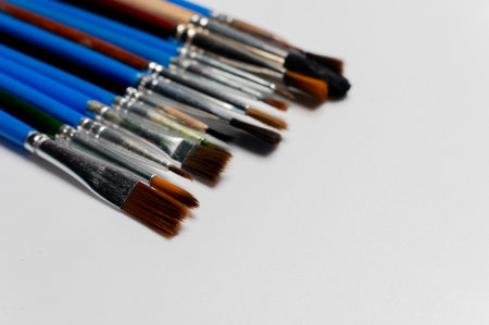 close-up of many brushes in an artist's studio. A close-up of various artist brushesの写真素材