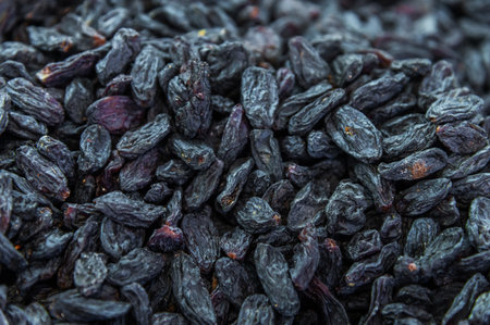 Raisins as a background image. Close-up of raisins, dark-colored dried grapes. Dark blue macro shot of seedless raisinsの写真素材