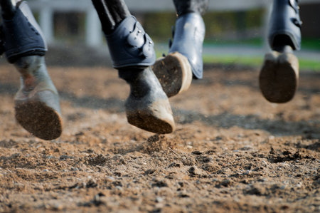 Close-up of a horses hooves wearing protective joint braces during a show jumping competition. A horse galloping at high speedの写真素材