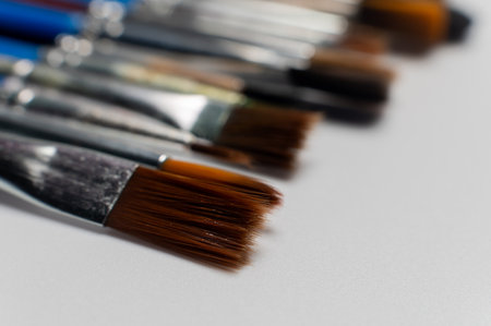 Many different brushes on a white background. Copy space for artistic background.の写真素材