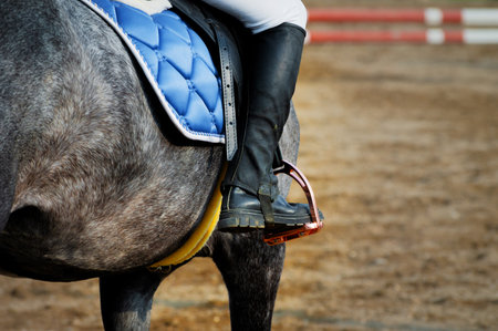An unrecognizable girl on a horse in a saddle and black leather boots and gauntlets. A jockey on a stallion in white trousers, preparing for a competitionの写真素材