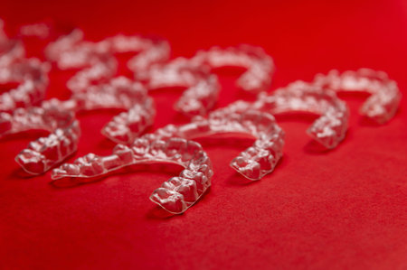 Clear dental aligners arranged on a vibrant red background, showcasing their transparent design and...