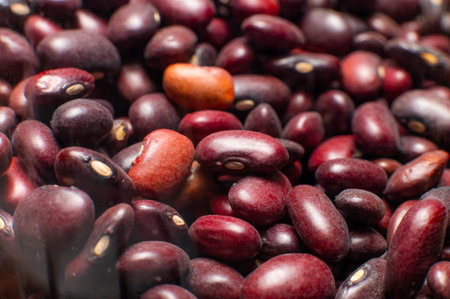 Assorted red kidney beans and black beans displayed in a close-up view, showcasing various shapes...
