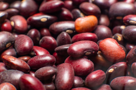 Assorted red kidney beans in various shapes and sizes displayed closely together, showcasing rich...
