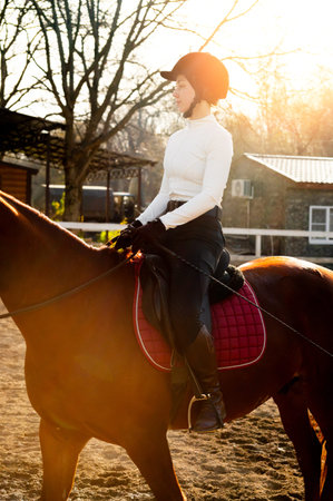 Equestrian woman in riding attire sits on brown horse during sunset, wearing helmet and gloves, with...