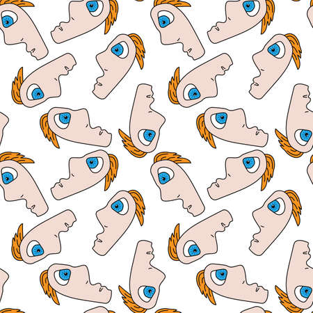 Abstract seamless pattern with chaotic cute man facesのイラスト素材