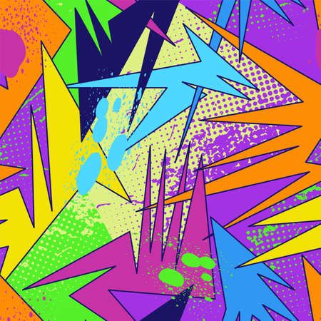 Urban seamless artwork with chaotic curved geometry shapes, dots and grunge spotsのイラスト素材