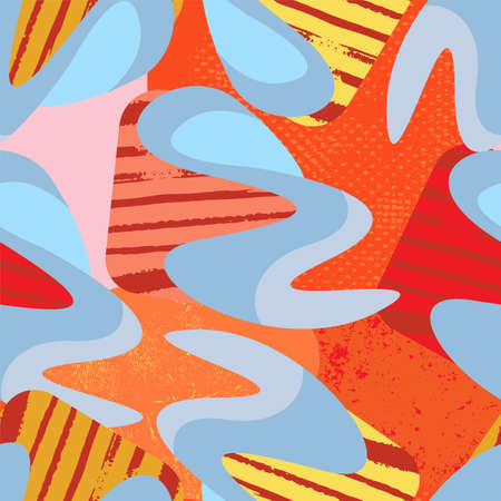 Urban seamless pattern with wave shapes, dots and grunge spots for prints, textile, textureのイラスト素材