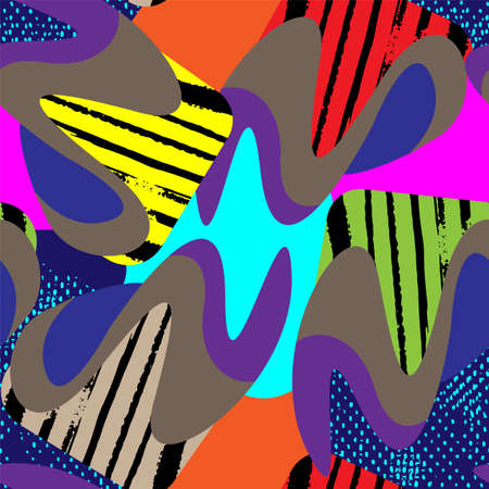 Urban seamless pattern with wave shapes, dots and grunge spots for prints, textile, textureのイラスト素材