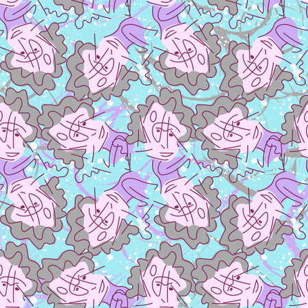 Seamless abstract unusual pattern with hand drawn facesのイラスト素材