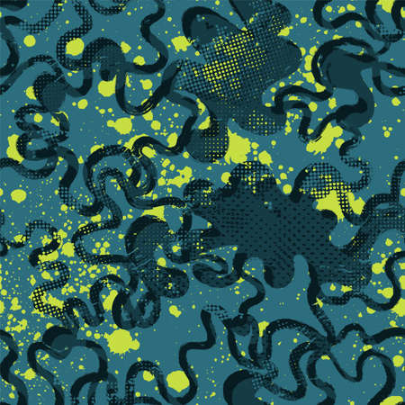 Seamless abstract urban cute artwork with wave lines, shapes and grunge spotsのイラスト素材