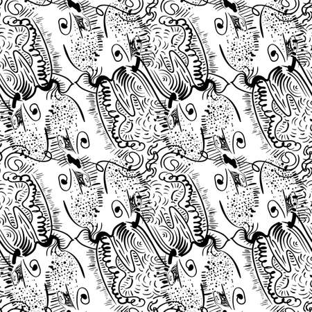 Unusual seamless abstract artwork with hand drawn psychedelic black line patternsのイラスト素材