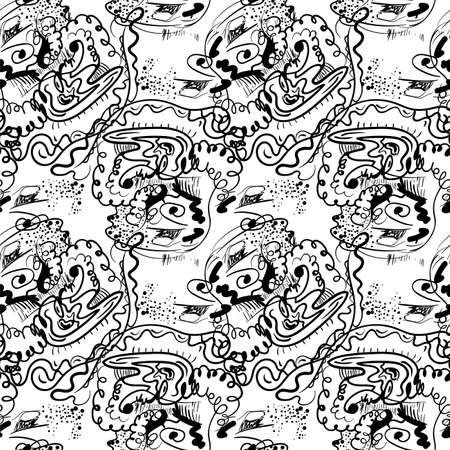 Unusual seamless abstract artwork with hand drawn psychedelic black line patternsのイラスト素材