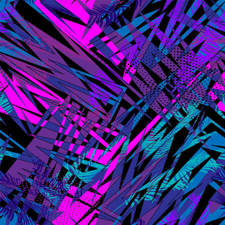 Unique seamless abstract exotic artwork with curved geometry elements, palm leavesのイラスト素材