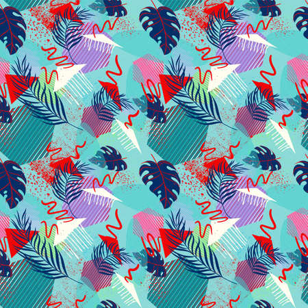 Seamless fresh exotic abstract pattern with paln leaves, monsteras, geometry elements and grunge...