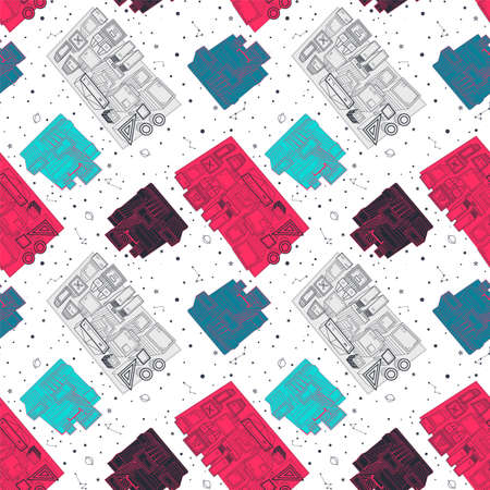 vector pattern with top view of skyscrapers in urban city on space background with stars and planets