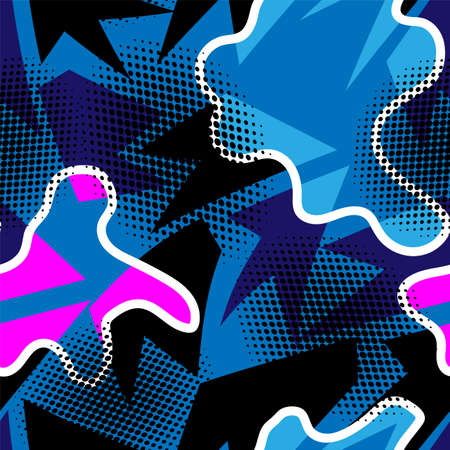 Abstract urban pattern with vector geometry curved shapes, chaotic dots and wave lines