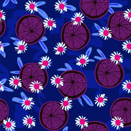 Seamless pattern with chaotic lemons and chamomiles