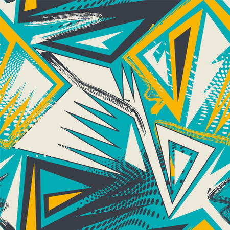 Seamless abstract urban pattern with curved elements, grunge waves and chaotic dotsのイラスト素材