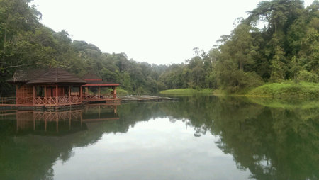 Lake with red fishing barnの素材
