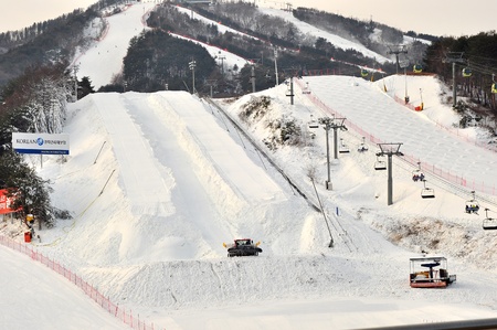 Gangwon-Do Province,South Korea 29 Dec 2014: Ski slopes area for skiing,snowboard and sliding activities during winter seasonのeditorial素材