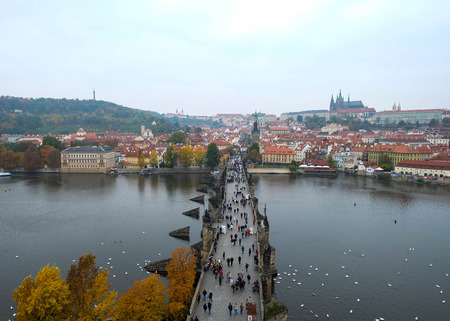 View shooting from Charles Bridge of New town side show the old town side landscapeの写真素材