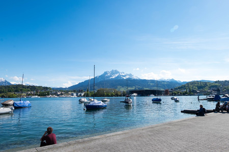 May 5, 2017 - Luzern, Switzerland: landscape of port at Luzern park. People are likely to relax themselves under the sun.のeditorial素材