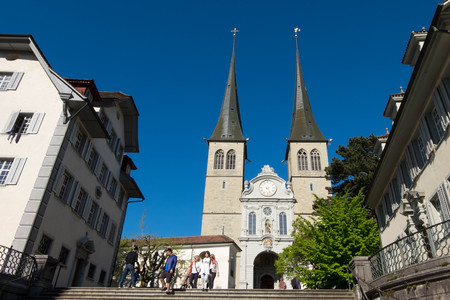 May 5, 2017 - Luzern, Switzerland: Church of St. Leodeger or Hofkirche, Roman catholic church built in 17th-century.のeditorial素材