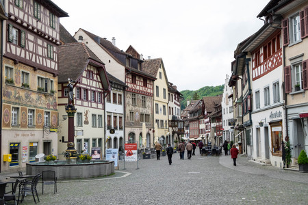 May 7, 2017 - Schaffhausen, Switzerland: Stein am Rhein, small town with half-timbered medieval houses with painted facades. They are all well preserved and welcomed travelers to visit.のeditorial素材