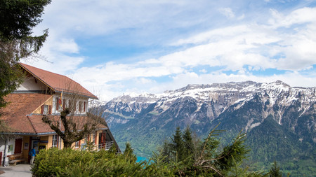 May 11, 2017 - Interlaken, Switzerland: View from aside of Harder Kulm funicular station. Brienz lake can be seen from this point with mountain range as background.のeditorial素材