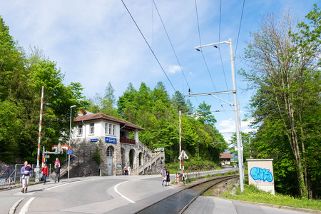 May 11, 2017 - Interlaken, Switzerland: Harderbahn or Harder Kulm funicular station in Interlaken town.のeditorial素材