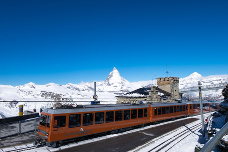 May 13, 2017 - Zermatt, Switzerland: Gornergrat bahn, the only train where services travelers on Matterhorn railway. The final destination is Gornergrat station which can see mountains in high view point, including Matterhorn.のeditorial素材