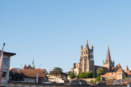 May 10, 2017 - Lausanne, Switzerland: Tower of Lausanne Cathedral, 12th-century Gothic church.のeditorial素材