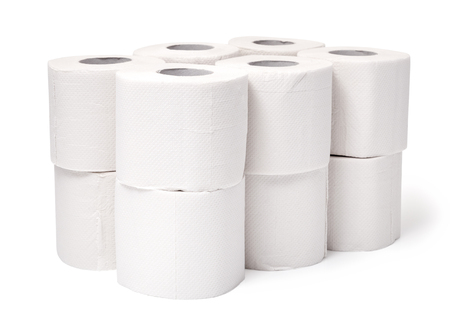 Clean white tissue paper rolls on white background. Toilet paper roll with white isolated background.の写真素材