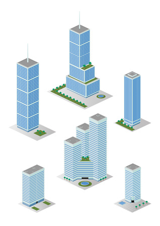 A vector illustrations pack of isometric tall city office buildings which are compatible with each other in grid perspective and sizeのイラスト素材