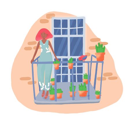 Cute girl with pink hairs stand on the balcony with pots of greenery and flowers. Urban gardening concept illustration. Vector. Cartoon. のイラスト素材