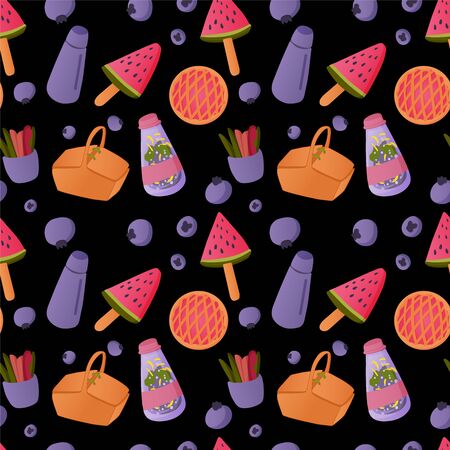 Juicy pattern of food taken for picnic: blueberry, lemonade, watermelon, tea, vegetable snacks....
