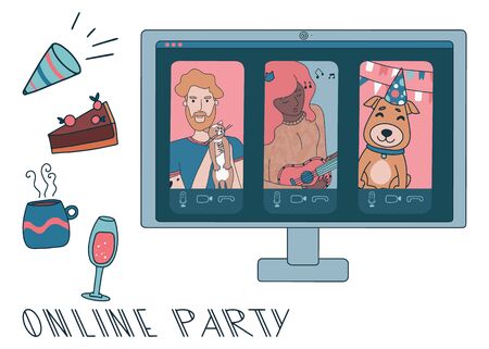 Online party or video conference with people working from home during coronavirus outbreak. Online call on the computer. Vector illustration with pets, pie, tea, wine and girl playing ukulele.のイラスト素材