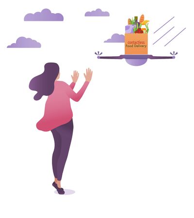 Delivery drone with package. Woman gets grocery box contactless. Concept flat vector illustration.のイラスト素材