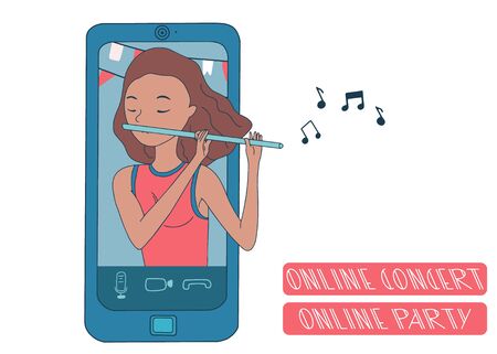 Online concert during covid-19 quarantine. Online party on the phone with girl playing flute. Flat vector.のイラスト素材